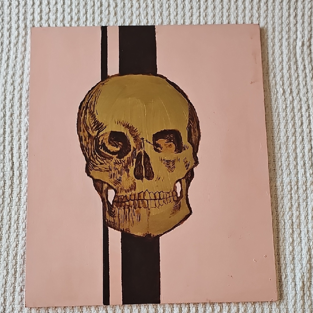 Gold Skull Art on Pink Canvas